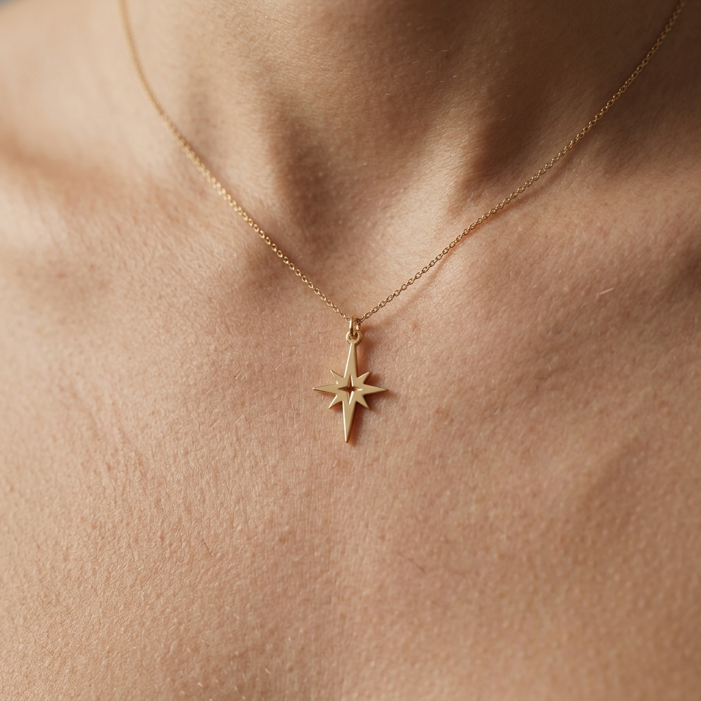 14K Solid Gold North Star Necklace - Dainty Celestial Starburst Charm