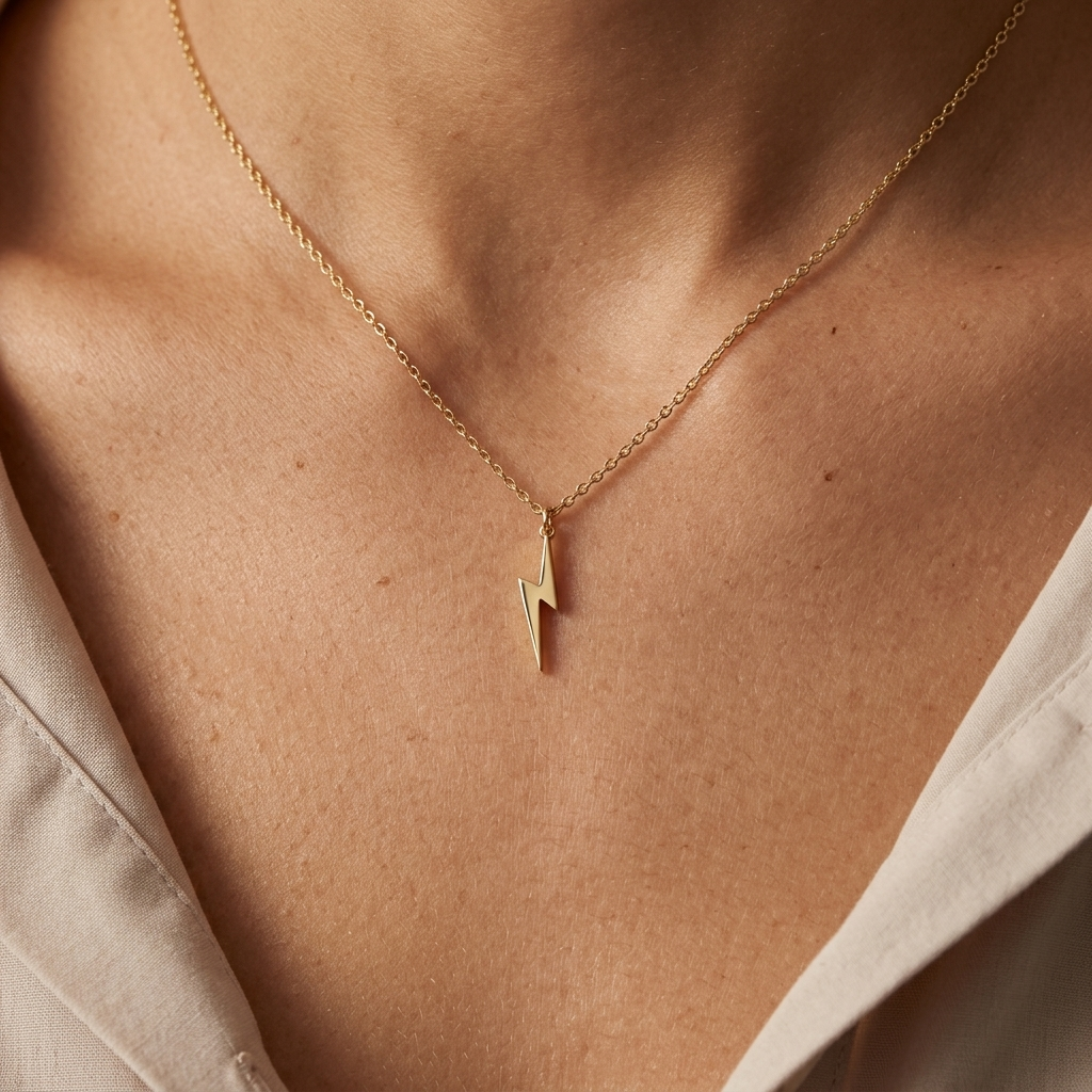 14K Solid Gold Lightning Bolt Necklace