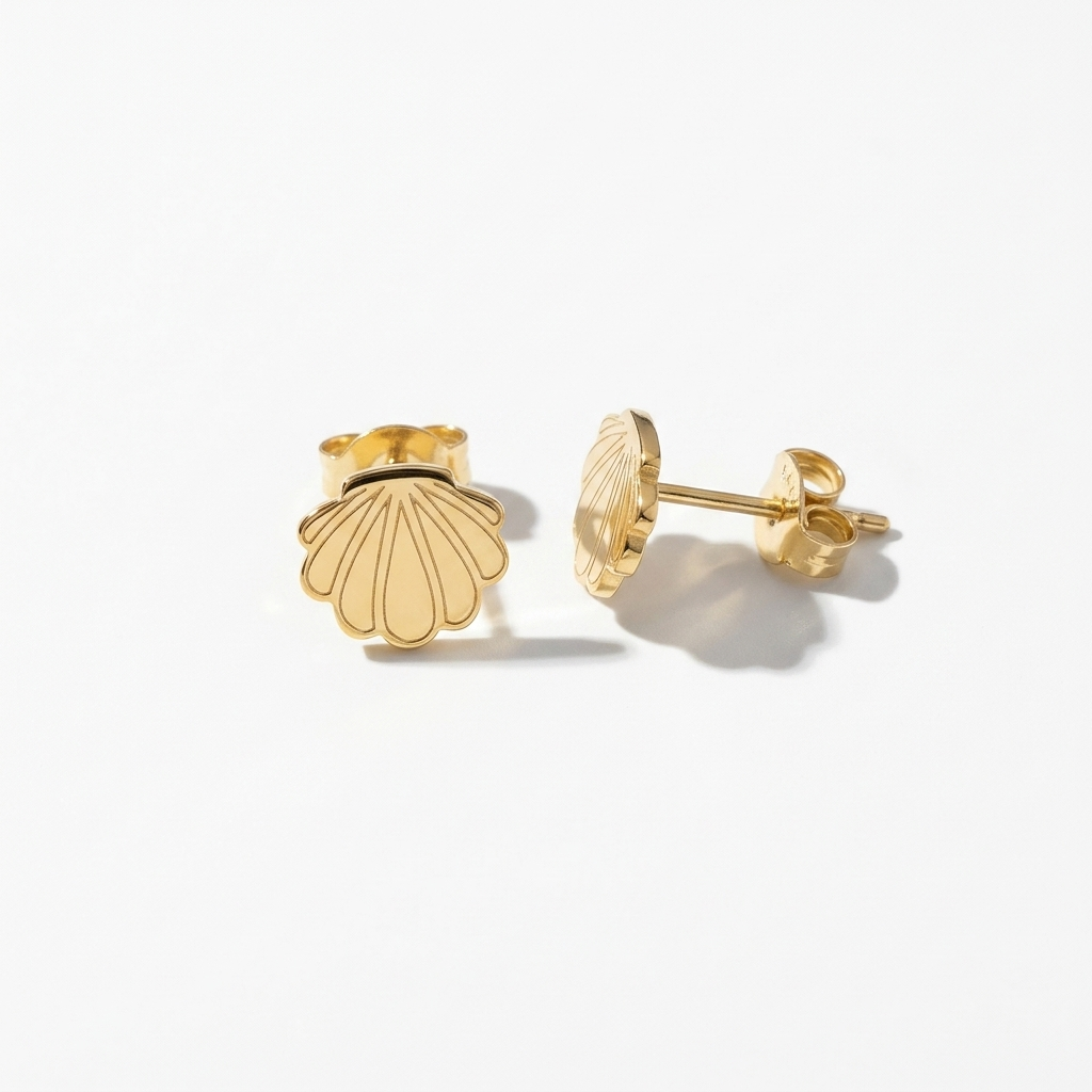14K Solid Gold Seashell Stud Earrings