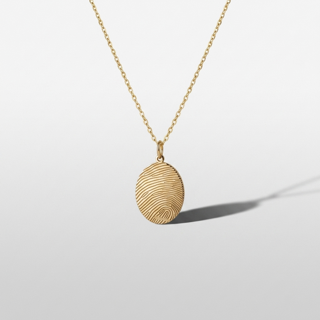 Personalized Solid Gold Oval Fingerprint & Handwriting Memorial Necklace