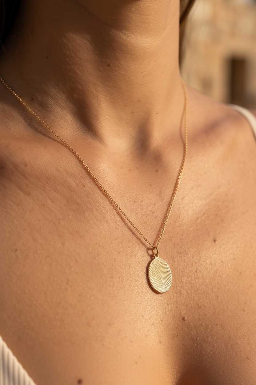Personalized Solid Gold Oval Fingerprint & Handwriting Memorial Necklace