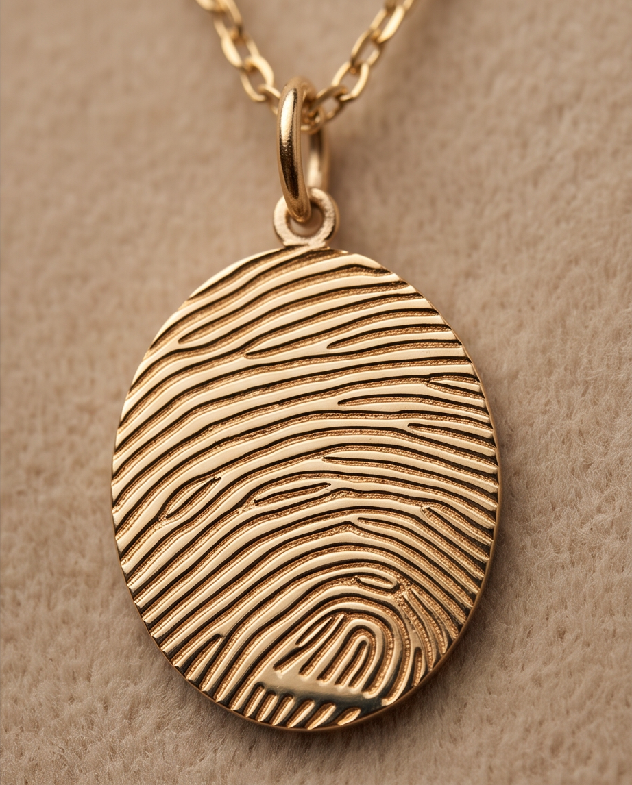 Personalized Solid Gold Oval Fingerprint & Handwriting Memorial Necklace