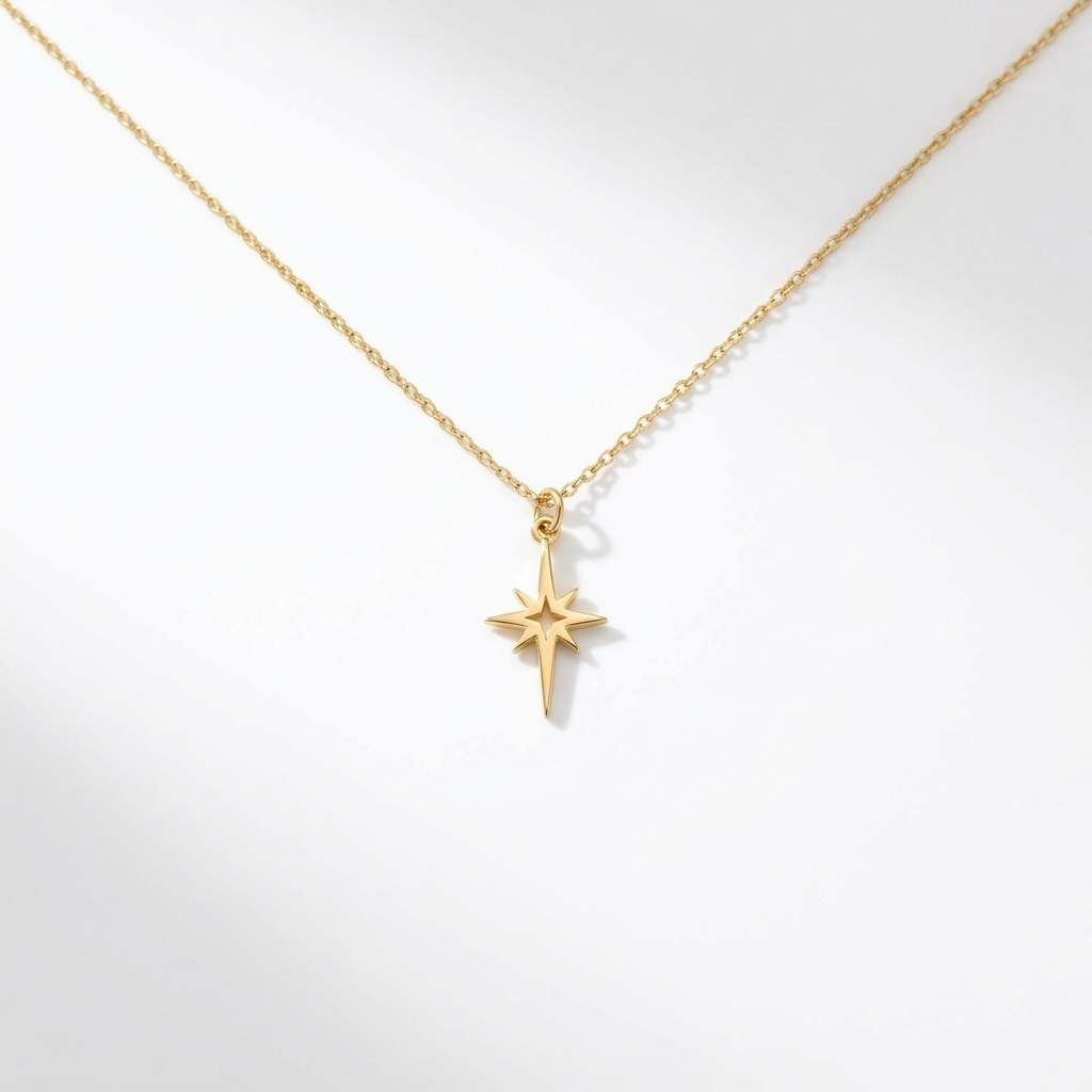 14K Solid Gold North Star Necklace - Dainty Celestial Starburst Charm